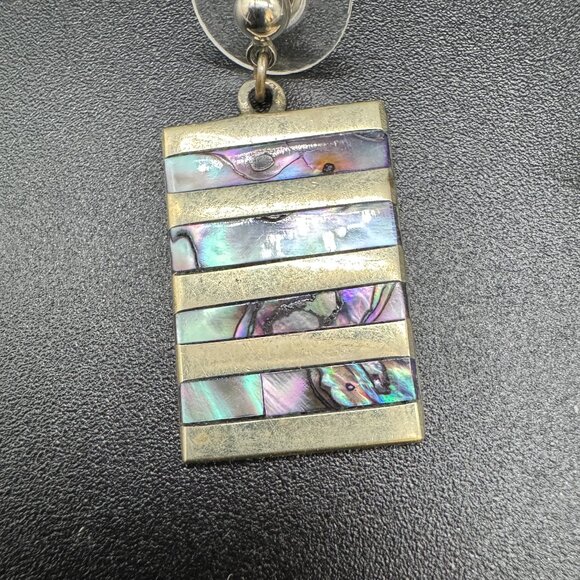 Vintage Alpaca Silver Pierced Earrings Abalone Shells Stripes Mexico - Picture 2 of 4